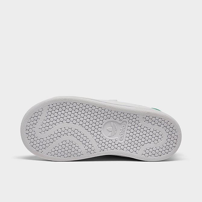 Bottom view of Kids' Toddler adidas Originals Stan Smith Hook-and-Loop Strap Casual Shoes in Cloud White/Cloud White/Green Click to zoom
