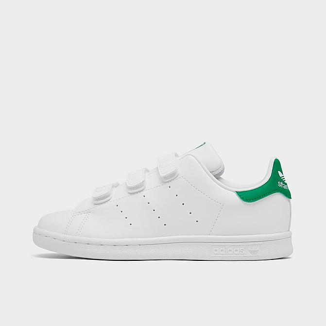 Right view of Little Kids' adidas Originals Stan Smith Primegreen Hook-and-Loop Casual Shoes in Cloud White/Cloud White/Green Click to zoom