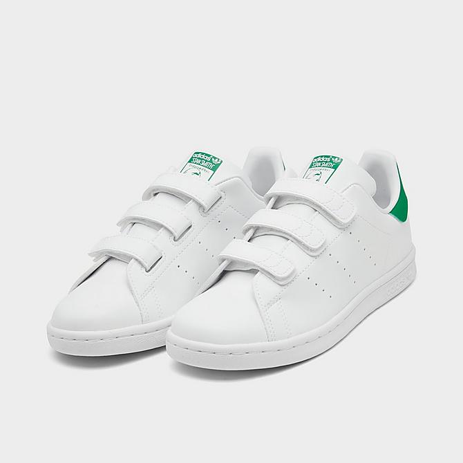Three Quarter view of Little Kids' adidas Originals Stan Smith Primegreen Hook-and-Loop Casual Shoes in Cloud White/Cloud White/Green Click to zoom