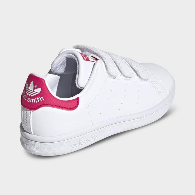 Left view of Little Kids' adidas Originals Stan Smith Hook-And-Loop Casual Shoes in Cloud White/Cloud White/Bold Pink Click to zoom