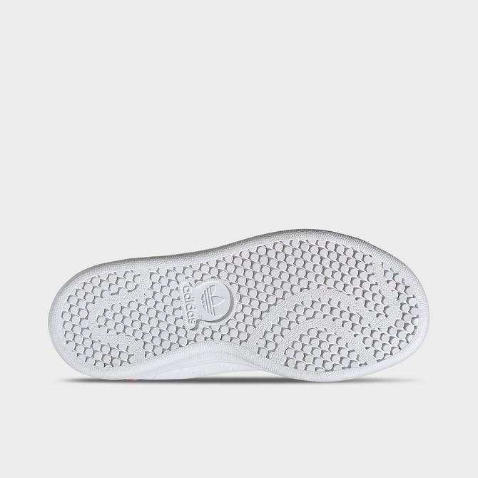 Bottom view of Little Kids' adidas Originals Stan Smith Hook-And-Loop Casual Shoes in Cloud White/Cloud White/Bold Pink Click to zoom