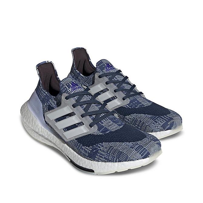 Three Quarter view of Men's adidas UltraBOOST 21 Running Shoes in Crew Blue/White/Crew Navy Click to zoom