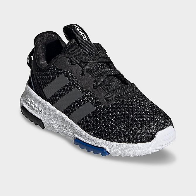 Three Quarter view of Kids' Toddler adidas Essentials Racer TR 2.0 Casual Shoes in Black/Grey/Team Royal Blue Click to zoom