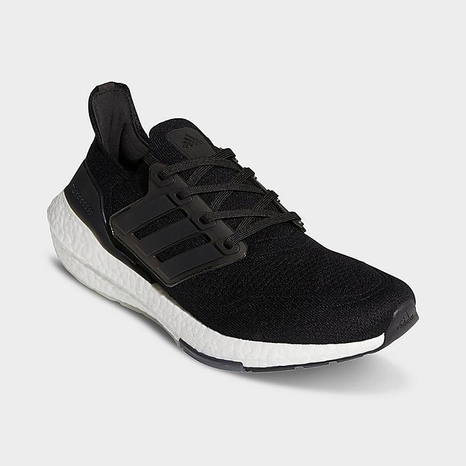 Three Quarter view of Men's adidas UltraBOOST 21 Running Shoes in Black/Black/Grey Click to zoom