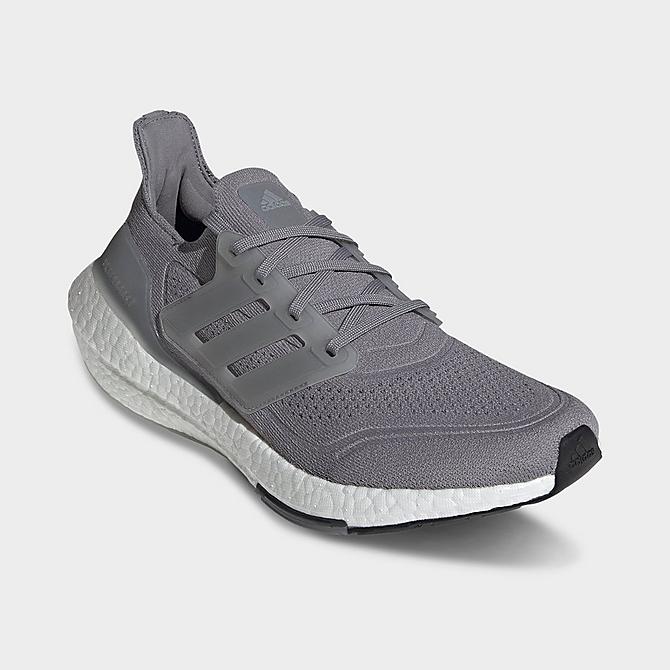 Three Quarter view of Men's adidas UltraBOOST 21 Running Shoes in Grey/Grey/Grey Click to zoom
