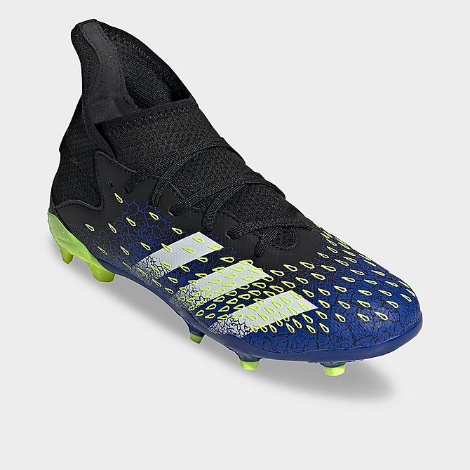 Three Quarter view of Big Kids' adidas Predator Freak.3 Firm Ground Soccer Cleats in Black /White/Solar Yellow Click to zoom
