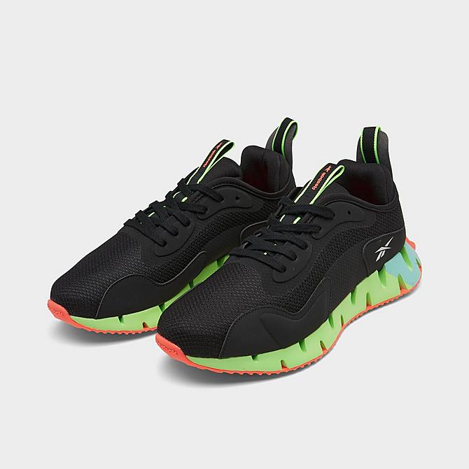 Three Quarter view of Men's Reebok Zig Dynamica Running Shoes in Core Black/Neon Mint/Orange Flare Click to zoom