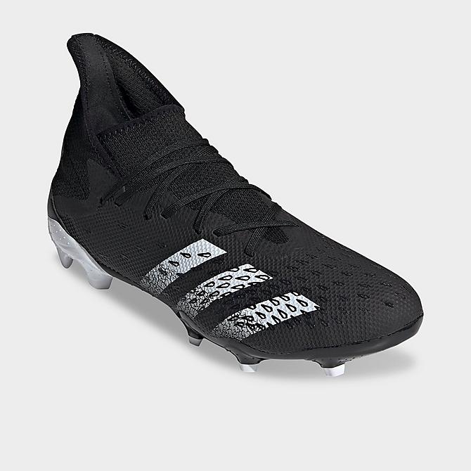 Three Quarter view of adidas Predator Freak.3 Firm Ground Soccer Cleats in Black/White/Black Click to zoom