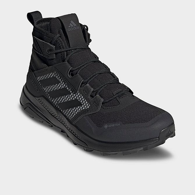 Three Quarter view of Men's adidas Terrex Trailmaker Mid GORE-TEX Hiking Shoes in Black/Black/Solid Grey Click to zoom