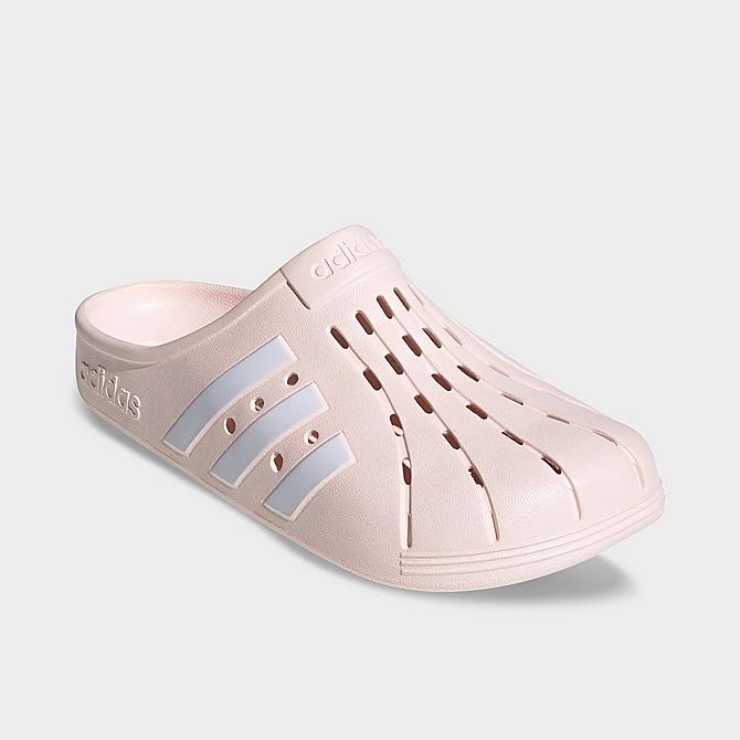 Three Quarter view of Men's adidas Adilette Clog Shoes in Pink Tint/Cloud White/Pink Tint Click to zoom