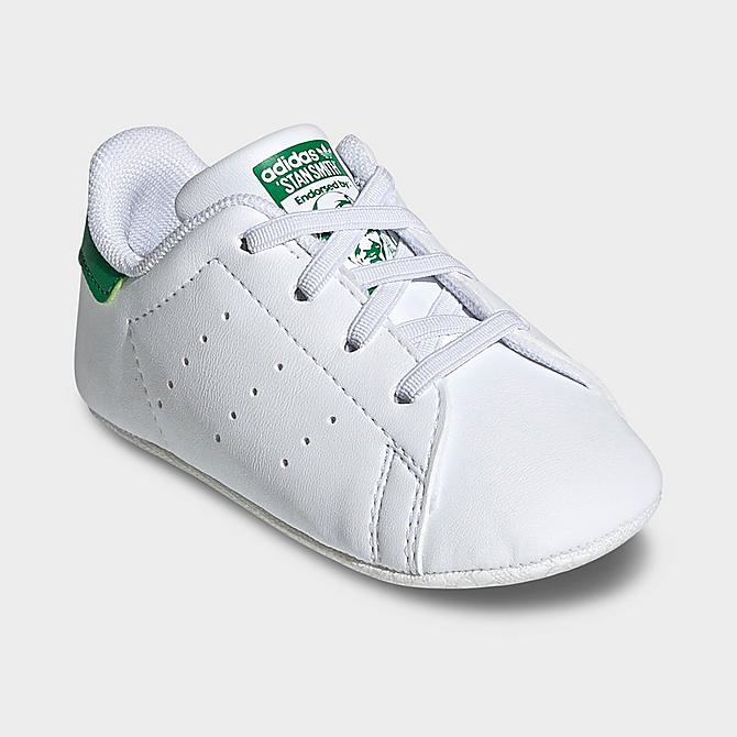 Three Quarter view of Infant adidas Originals Stan Smith Casual Crib Shoes in Footwear White/Footwear White/Green Click to zoom