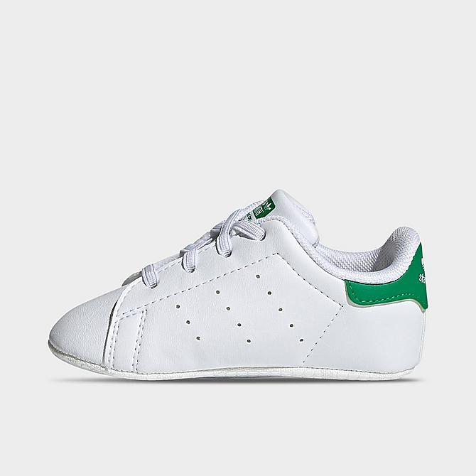 Front view of Infant adidas Originals Stan Smith Casual Crib Shoes in Footwear White/Footwear White/Green Click to zoom