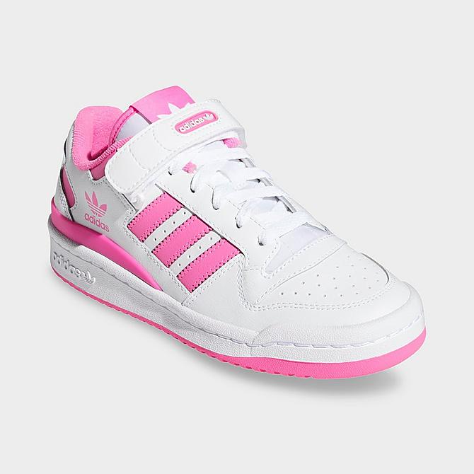 Three Quarter view of Girls' Big Kids' adidas Originals Forum Low Casual Shoes in Cloud White/Screaming Pink/Cloud White Click to zoom