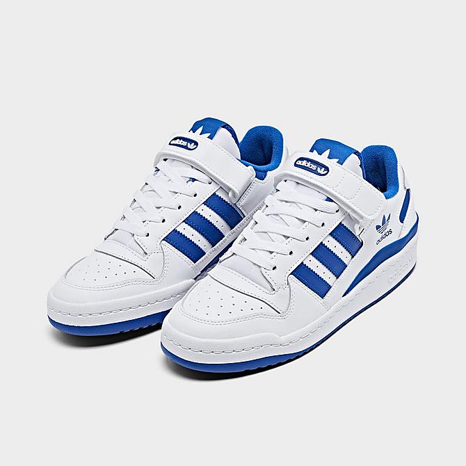 Three Quarter view of Big Kids' adidas Originals Forum Low Casual Shoes in Cloud White/Royal Blue/Cloud White Click to zoom