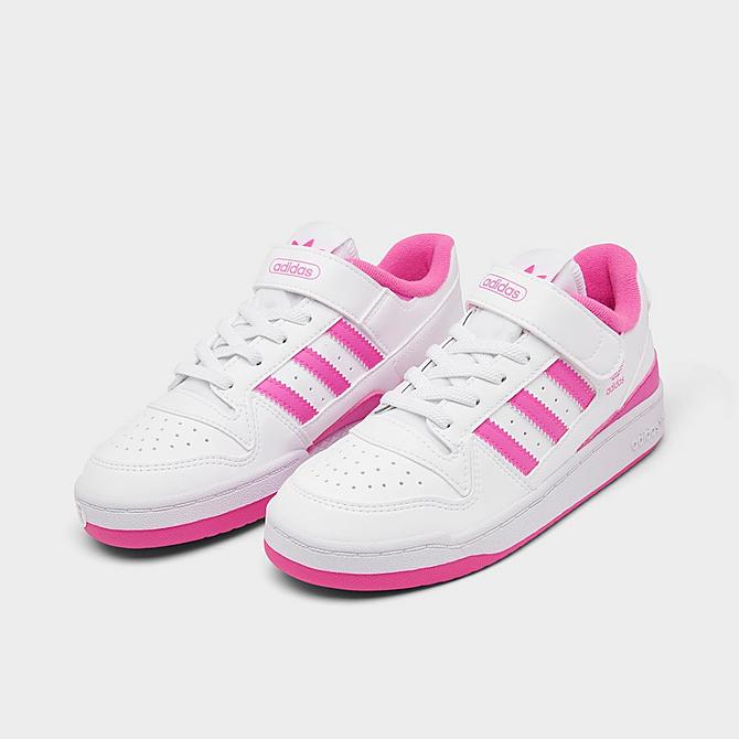 Three Quarter view of Girls' Little Kids' adidas Originals Forum Low Casual Shoes in Cloud White/Screaming Pink/Cloud White Click to zoom