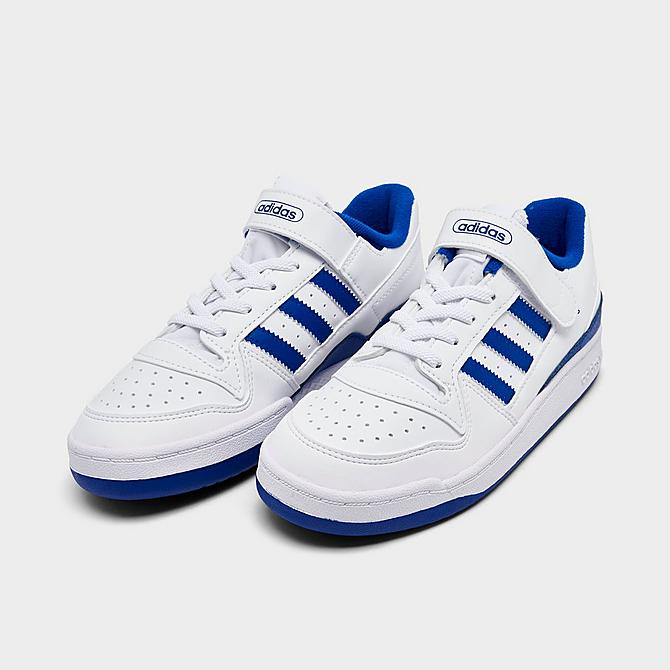 Three Quarter view of Little Kids' adidas Originals Forum Low Casual Shoes in Cloud White/Royal Blue/Cloud White Click to zoom