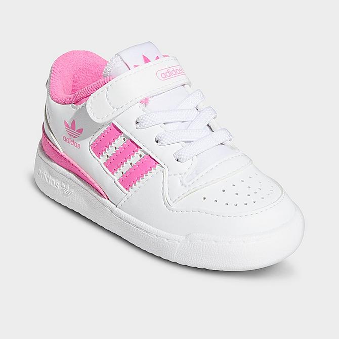 Three Quarter view of Girls' Toddler adidas Originals Forum Low Casual Shoes in Cloud White/Screaming Pink/Cloud White Click to zoom