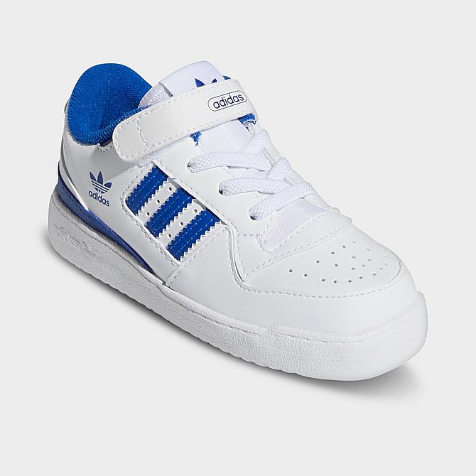 Three Quarter view of Kids' Toddler adidas Originals Forum Low Casual Shoes in Cloud White/Royal Blue/Cloud White Click to zoom