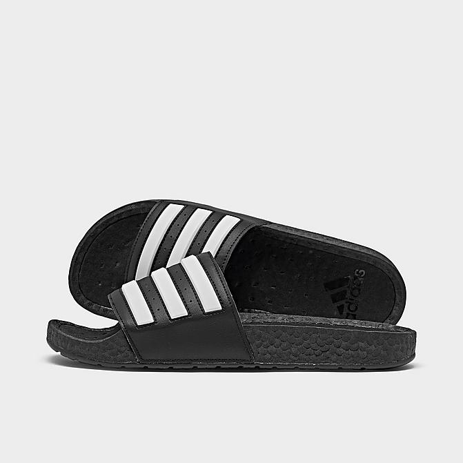 Right view of Men's adidas Essentials Adilette BOOST Slide Sandals in Core Black/Footwear White/Core Black Click to zoom