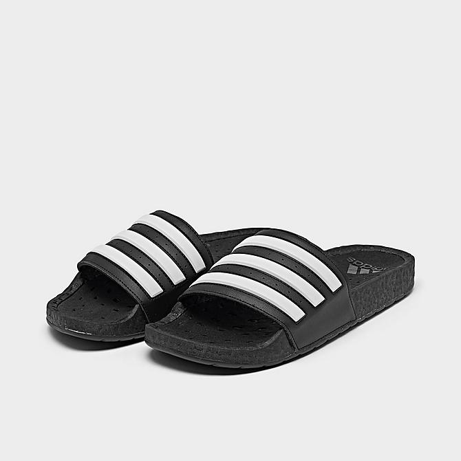 Three Quarter view of Men's adidas Essentials Adilette BOOST Slide Sandals in Core Black/Footwear White/Core Black Click to zoom