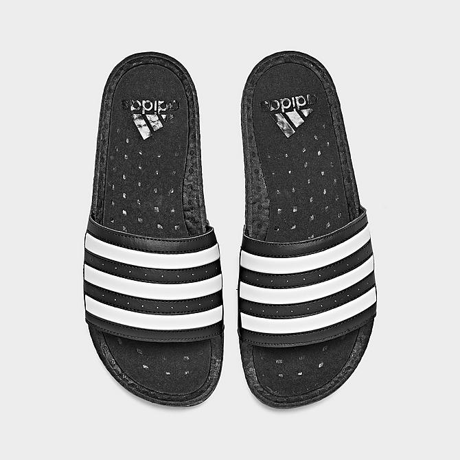 Back view of Men's adidas Essentials Adilette BOOST Slide Sandals in Core Black/Footwear White/Core Black Click to zoom