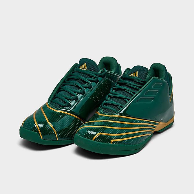 Three Quarter view of Men's adidas T-Mac 2.0 Restomod Basketball Shoes in Team Dark Green/Gold Metallic/Cloud White Click to zoom
