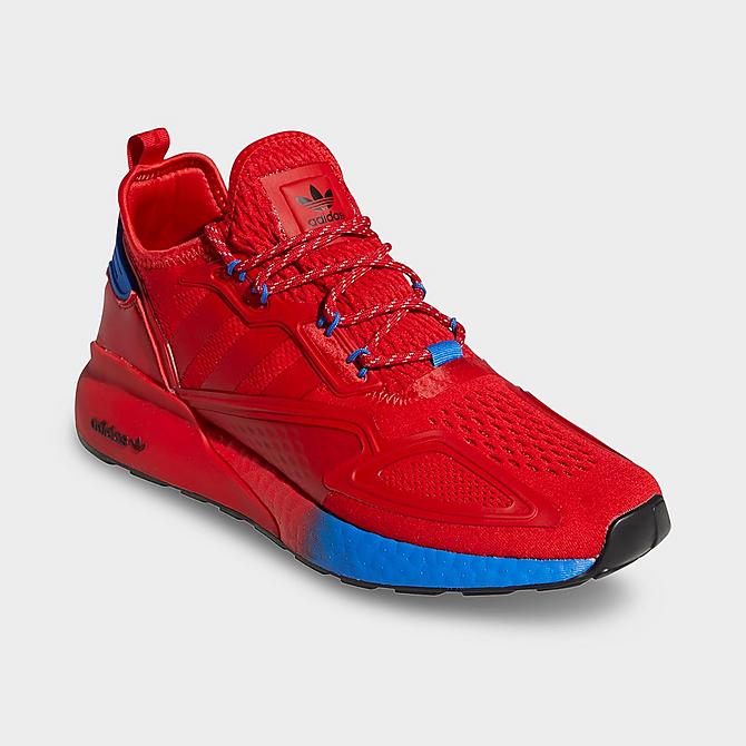 Three Quarter view of Men's adidas Originals x Ninja ZX 2K BOOST Running Shoes in Scarlet/Scarlet/Blue Click to zoom