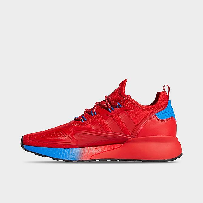 Front view of Men's adidas Originals x Ninja ZX 2K BOOST Running Shoes in Scarlet/Scarlet/Blue Click to zoom