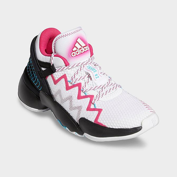 Three Quarter view of Big Kids' adidas D.O.N. Issue #2 Basketball Shoes in Footwear White/Core Black/Core Black Click to zoom