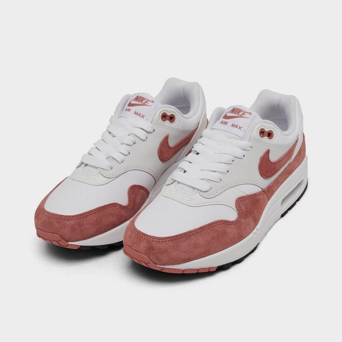 Three Quarter view of Women's Nike Air Max 1 '87 Casual Shoes in White/Canyon Pink/Summit White/Black Click to zoom