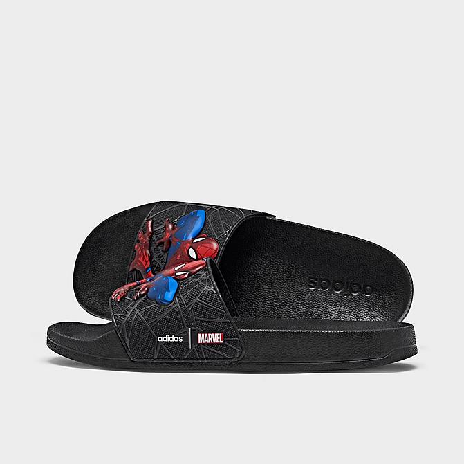 Right view of Boys' Little Kids' and Big Kids' adidas Spiderman Adilette Shower Slide Sandals in Black/Black/Grey Click to zoom