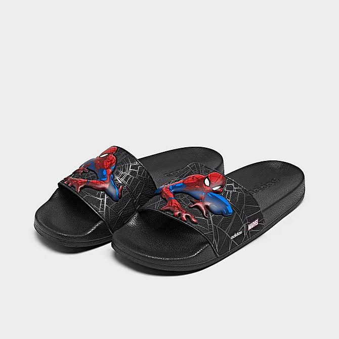 Three Quarter view of Boys' Little Kids' and Big Kids' adidas Spiderman Adilette Shower Slide Sandals in Black/Black/Grey Click to zoom