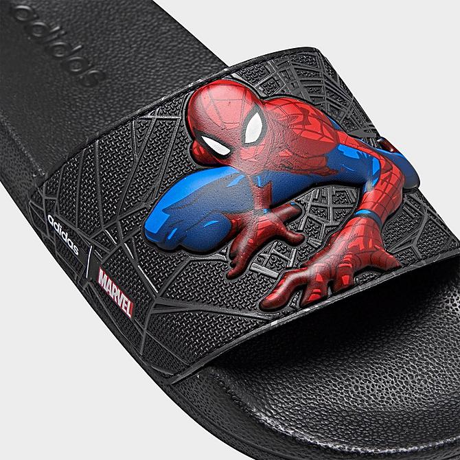 Front view of Boys' Little Kids' and Big Kids' adidas Spiderman Adilette Shower Slide Sandals in Black/Black/Grey Click to zoom