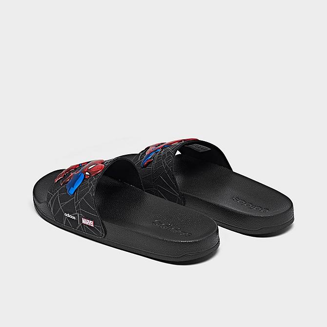 Left view of Boys' Little Kids' and Big Kids' adidas Spiderman Adilette Shower Slide Sandals in Black/Black/Grey Click to zoom