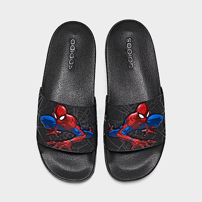 Back view of Boys' Little Kids' and Big Kids' adidas Spiderman Adilette Shower Slide Sandals in Black/Black/Grey Click to zoom