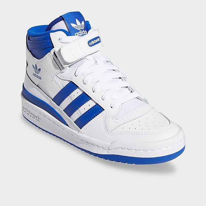 Three Quarter view of Big Kids' adidas Originals Forum Mid Casual Shoes in Cloud White/Royal Blue/Cloud White Click to zoom