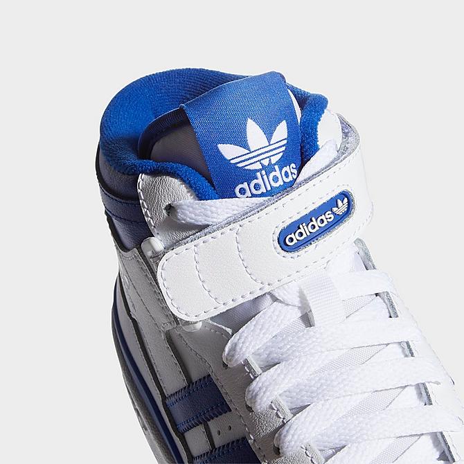 Front view of Big Kids' adidas Originals Forum Mid Casual Shoes in Cloud White/Royal Blue/Cloud White Click to zoom
