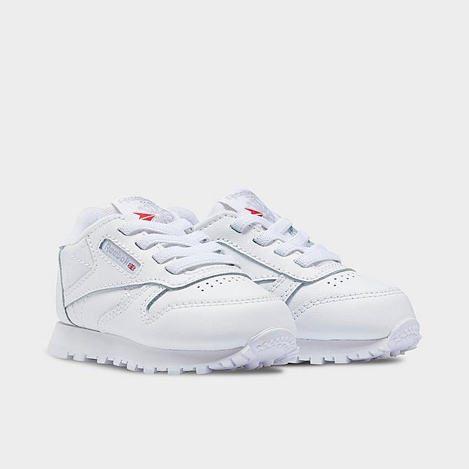 Three Quarter view of Kids' Toddler Reebok Classic Leather Stretch Lace Casual Shoes in Footwear White Click to zoom