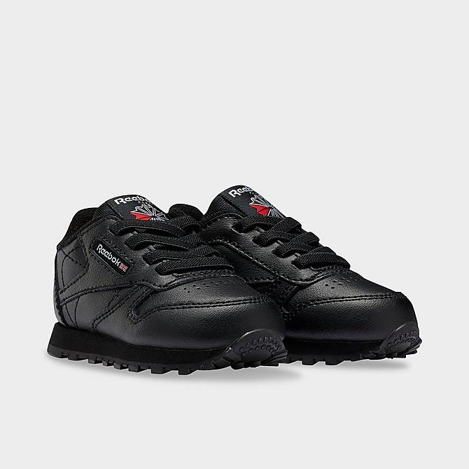 Three Quarter view of Kids' Toddler Reebok Classic Leather Stretch Lace Casual Shoes in Core Black/Core Black/Core Black Click to zoom