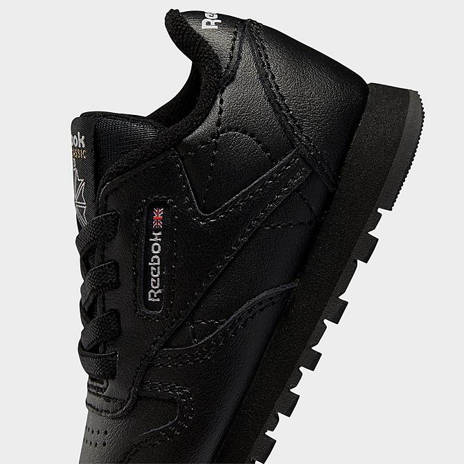 Front view of Kids' Toddler Reebok Classic Leather Stretch Lace Casual Shoes in Core Black/Core Black/Core Black Click to zoom
