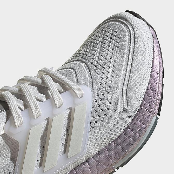 Front view of Girls' Big Kids' adidas UltraBOOST 21 Running Shoes in Crystal White/Crystal White/Hazy Green Click to zoom