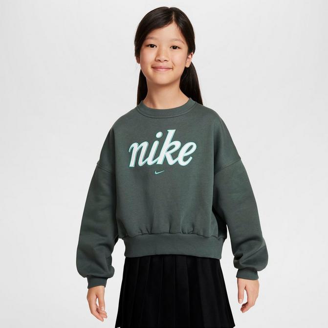 [angle] view of Girls' Nike Sportswear Club Fleece Boxy Crewneck Sweatshirt in Vintage Green/Green Frost Click to zoom