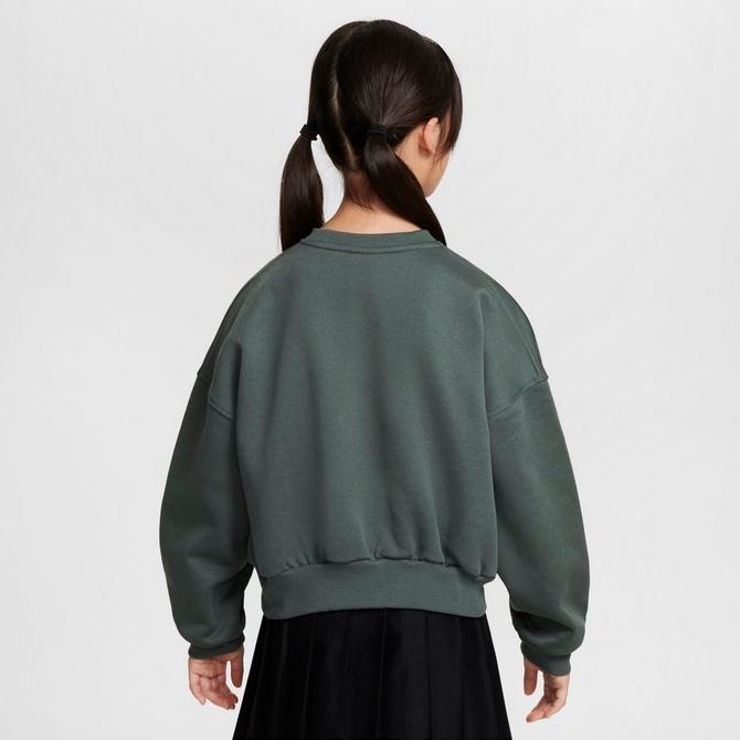 [angle] view of Girls' Nike Sportswear Club Fleece Boxy Crewneck Sweatshirt in Vintage Green/Green Frost Click to zoom