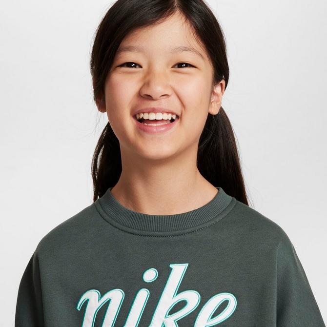[angle] view of Girls' Nike Sportswear Club Fleece Boxy Crewneck Sweatshirt in Vintage Green/Green Frost Click to zoom