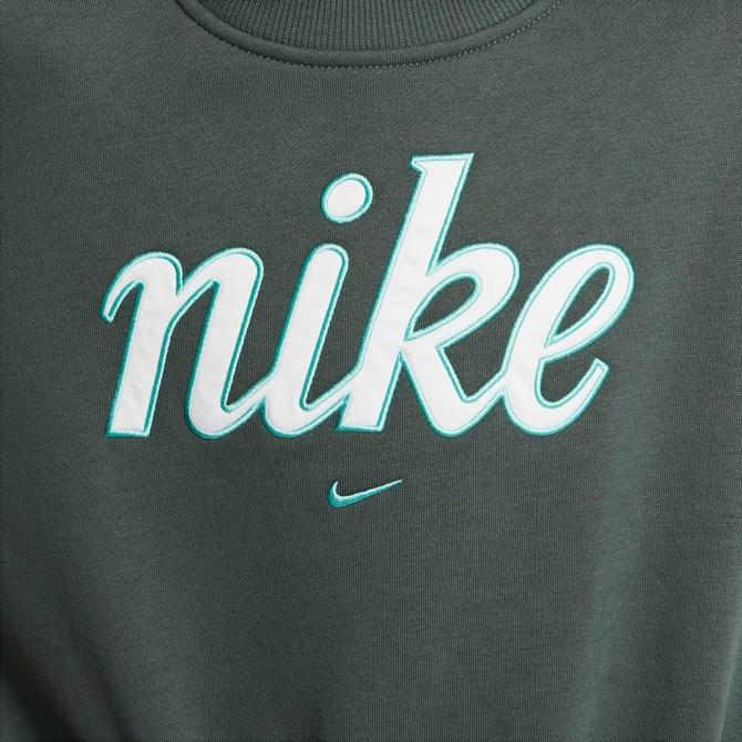 [angle] view of Girls' Nike Sportswear Club Fleece Boxy Crewneck Sweatshirt in Vintage Green/Green Frost Click to zoom