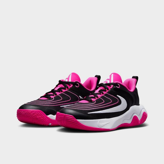 Three Quarter view of Big Kids’ Nike Giannis Immortality 4 Basketball Shoes in Black/Laser Fuchsia/White Click to zoom
