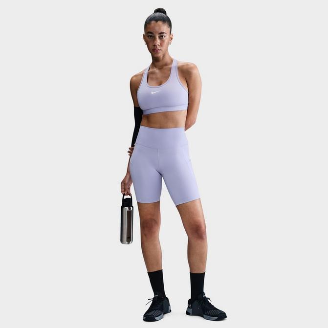 [angle] view of Women's Nike One High-Waisted 8" Biker Shorts in Lilac Ice/Black Click to zoom