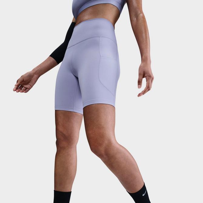 [angle] view of Women's Nike One High-Waisted 8" Biker Shorts in Lilac Ice/Black Click to zoom