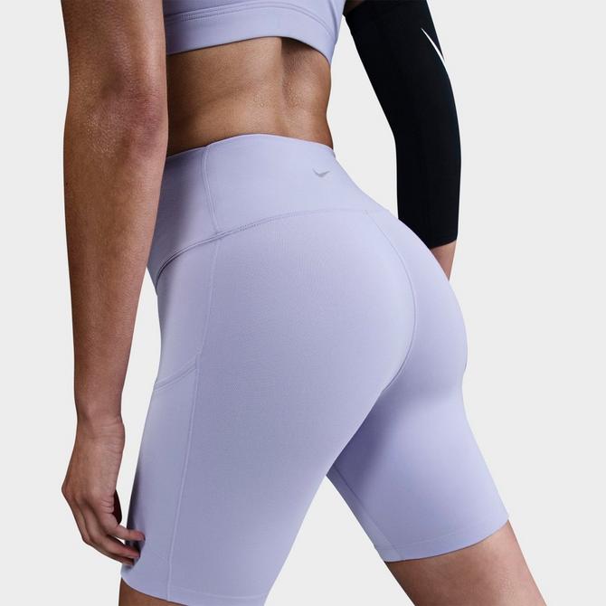 [angle] view of Women's Nike One High-Waisted 8" Biker Shorts in Lilac Ice/Black Click to zoom