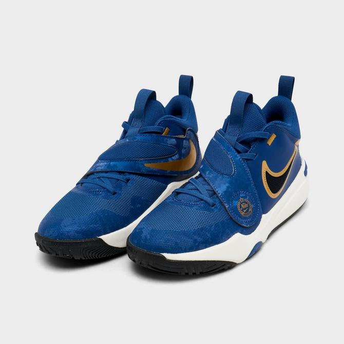 Three Quarter view of Big Kids' Nike Team Hustle D 11 Stretch Lace Casual Shoes in Mystic Navy/Black/Pale Ivory/Metallic Gold Click to zoom
